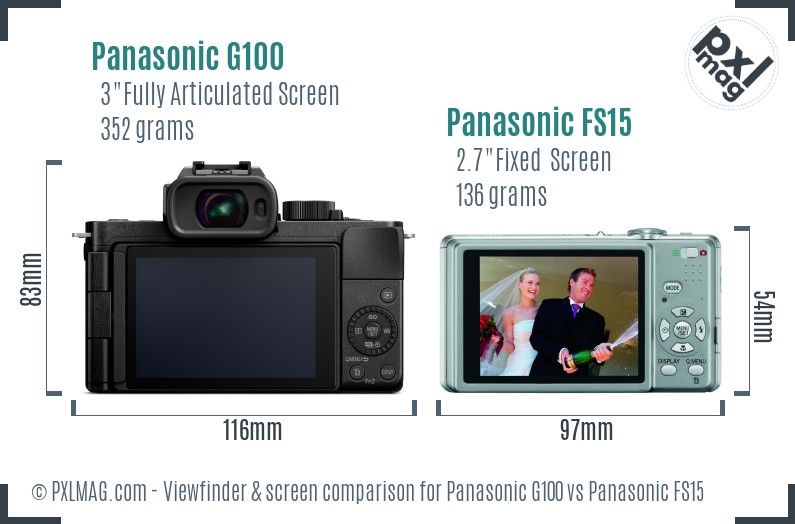 Panasonic G100 vs Panasonic FS15 Screen and Viewfinder comparison