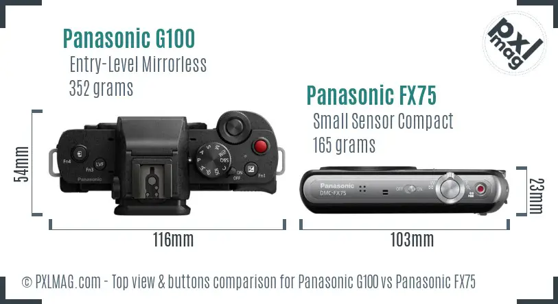 Panasonic G100 vs Panasonic FX75 top view buttons comparison Panasonic G100 vs Panasonic FX75 top view buttons comparison