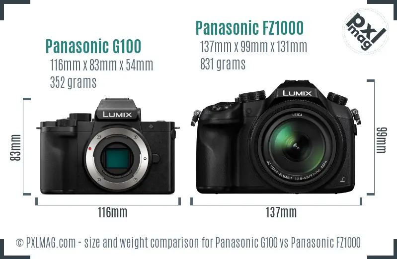 Panasonic G100 vs Panasonic FZ1000 size comparison