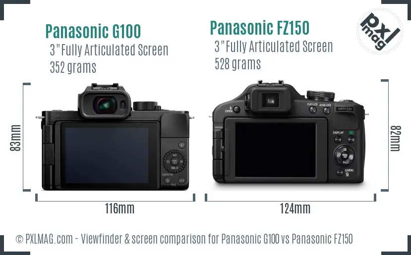 Panasonic G100 vs Panasonic FZ150 Screen and Viewfinder comparison