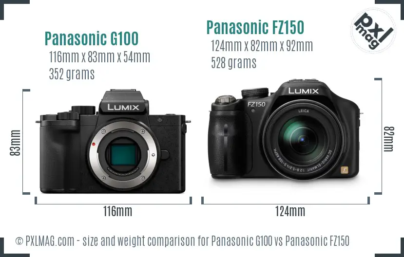Panasonic G100 vs Panasonic FZ150 size comparison