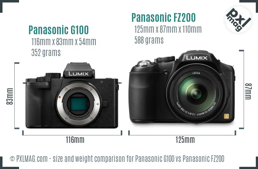 Panasonic G100 vs Panasonic FZ200 size comparison