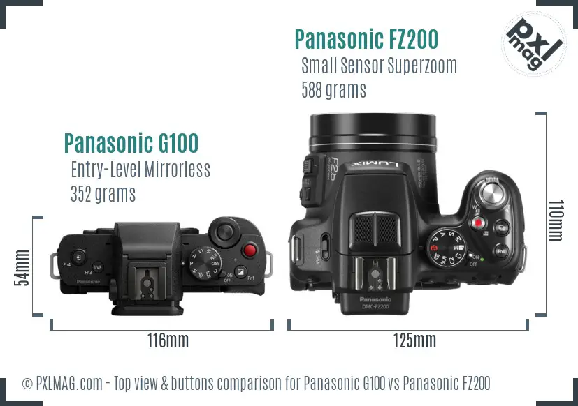 Panasonic G100 vs Panasonic FZ200 top view buttons comparison