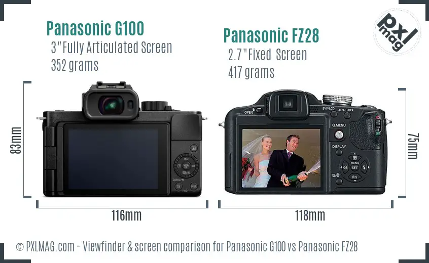 Panasonic G100 vs Panasonic FZ28 Screen and Viewfinder comparison