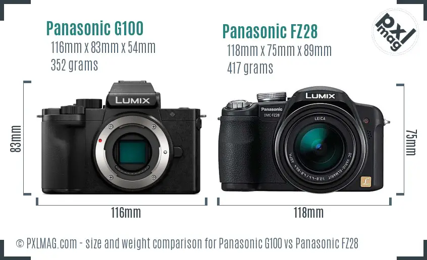 Panasonic G100 vs Panasonic FZ28 size comparison