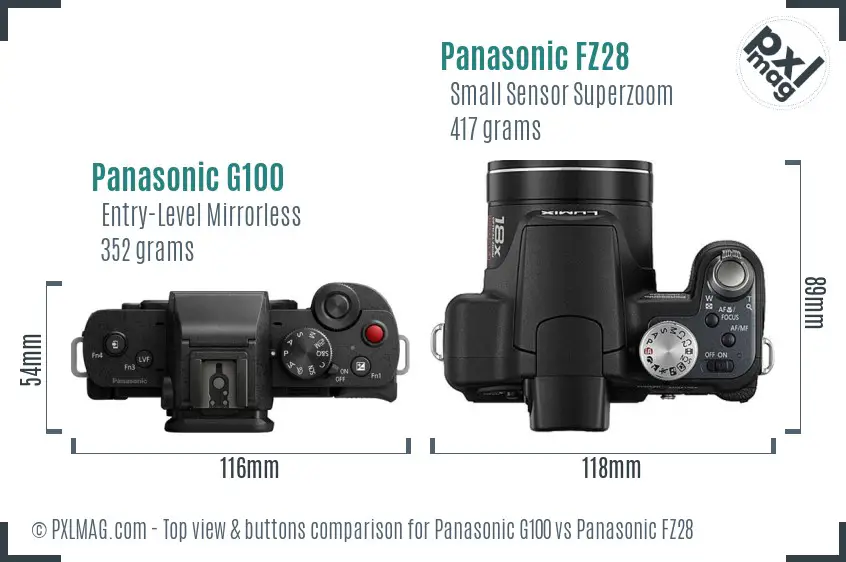 Panasonic G100 vs Panasonic FZ28 top view buttons comparison