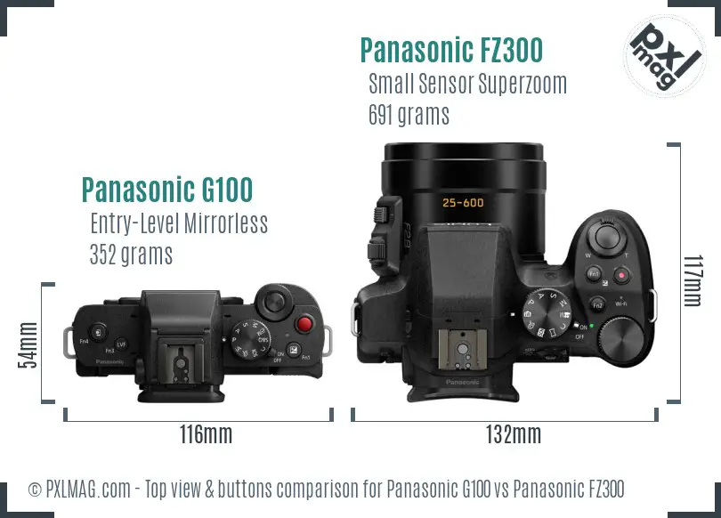 Panasonic G100 vs Panasonic FZ300 top view buttons comparison Panasonic G100 vs Panasonic FZ300 top view buttons comparison