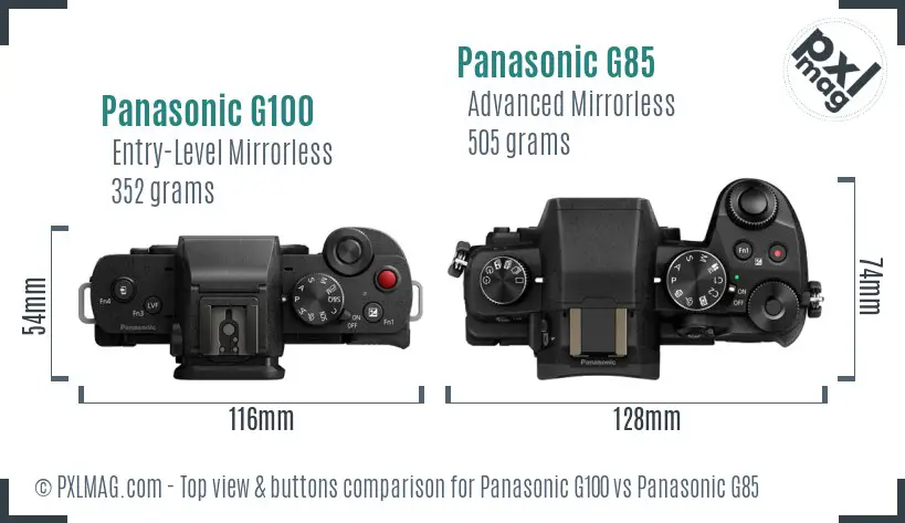 Panasonic G100 vs Panasonic G85 top view buttons comparison