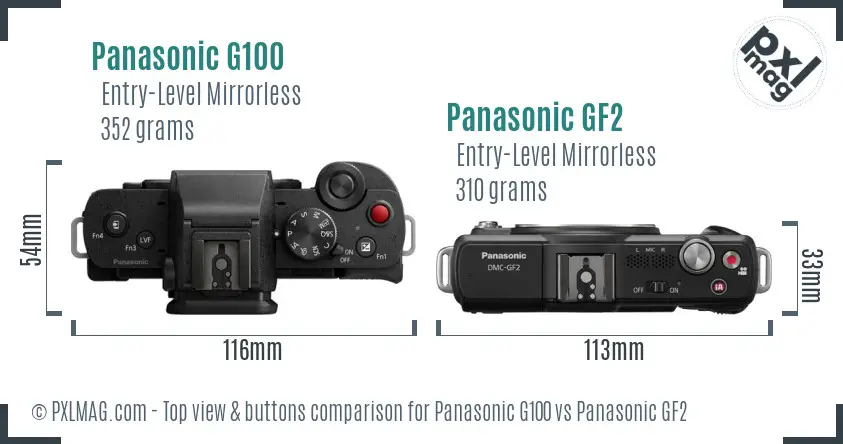 Panasonic G100 vs Panasonic GF2 top view buttons comparison