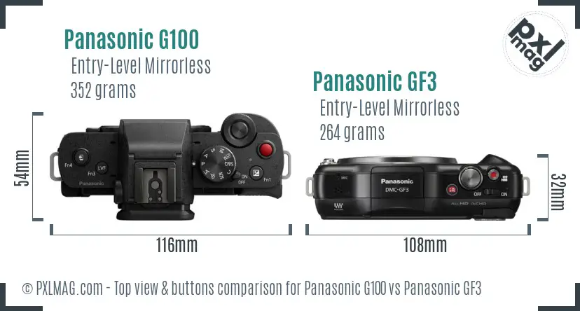 Panasonic G100 vs Panasonic GF3 top view buttons comparison