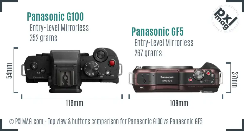 Panasonic G100 vs Panasonic GF5 top view buttons comparison