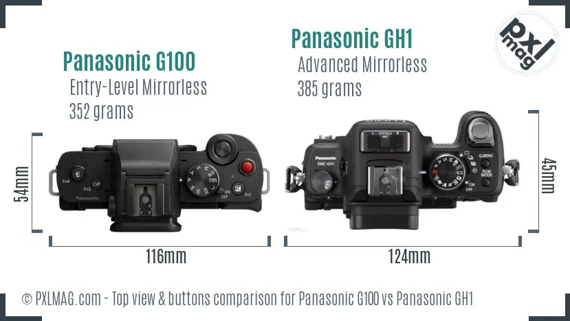 Panasonic G100 vs Panasonic GH1 top view buttons comparison