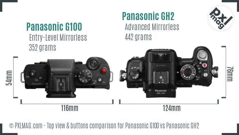 Panasonic G100 vs Panasonic GH2 top view buttons comparison
