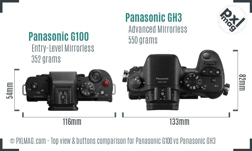 Panasonic G100 vs Panasonic GH3 top view buttons comparison