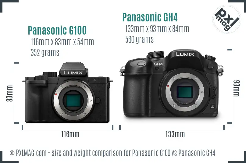 Panasonic G100 vs Panasonic GH4 size comparison