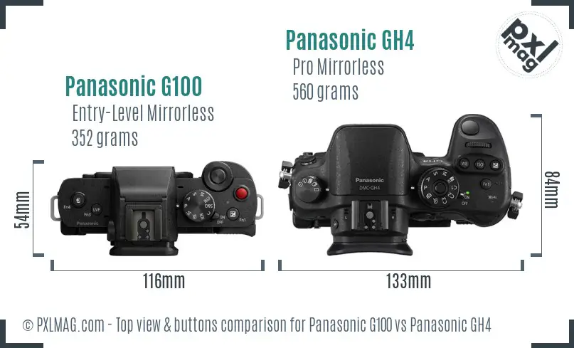 Panasonic G100 vs Panasonic GH4 top view buttons comparison