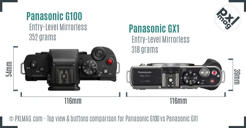 Panasonic G100 vs Panasonic GX1 top view buttons comparison