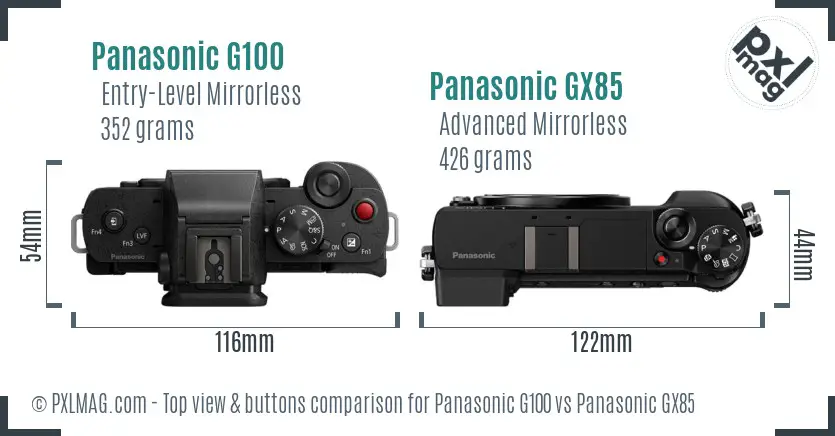 Panasonic G100 vs Panasonic GX85 top view buttons comparison