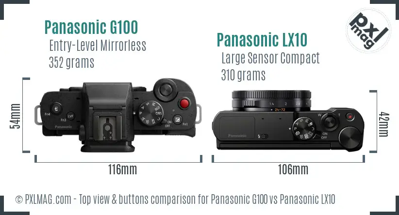 Panasonic G100 vs Panasonic LX10 top view buttons comparison