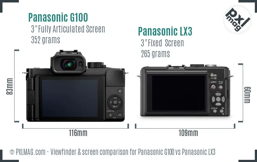 Panasonic G100 vs Panasonic LX3 Screen and Viewfinder comparison