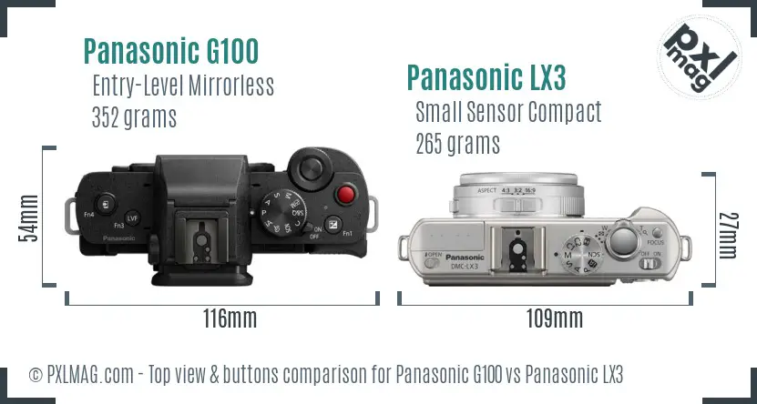 Panasonic G100 vs Panasonic LX3 top view buttons comparison