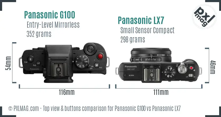 Panasonic G100 vs Panasonic LX7 top view buttons comparison Panasonic G100 vs Panasonic LX7 top view buttons comparison