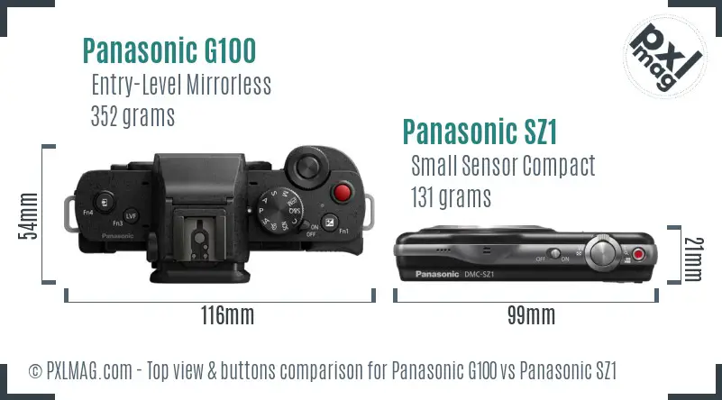 Panasonic G100 vs Panasonic SZ1 top view buttons comparison Panasonic G100 vs Panasonic SZ1 top view buttons comparison