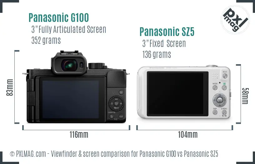 Panasonic G100 vs Panasonic SZ5 Screen and Viewfinder comparison