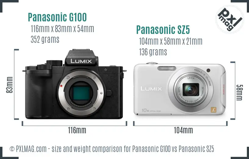 Panasonic G100 vs Panasonic SZ5 size comparison