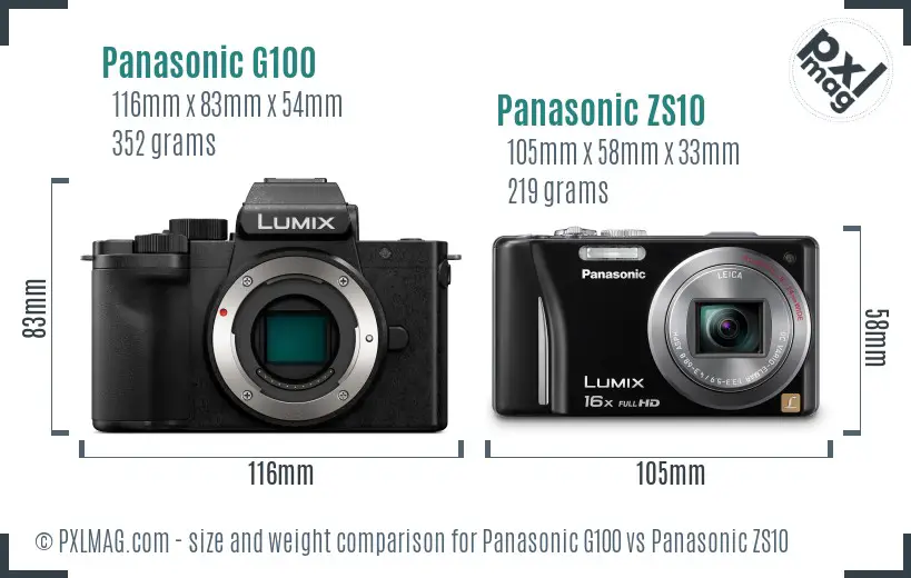 Panasonic G100 vs Panasonic ZS10 size comparison