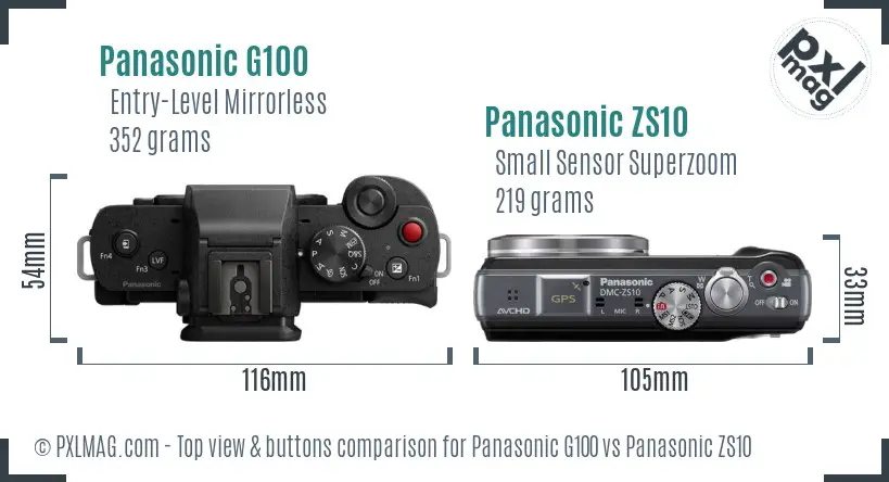 Panasonic G100 vs Panasonic ZS10 top view buttons comparison