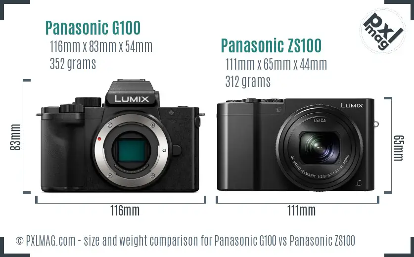 Panasonic G100 vs Panasonic ZS100 size comparison