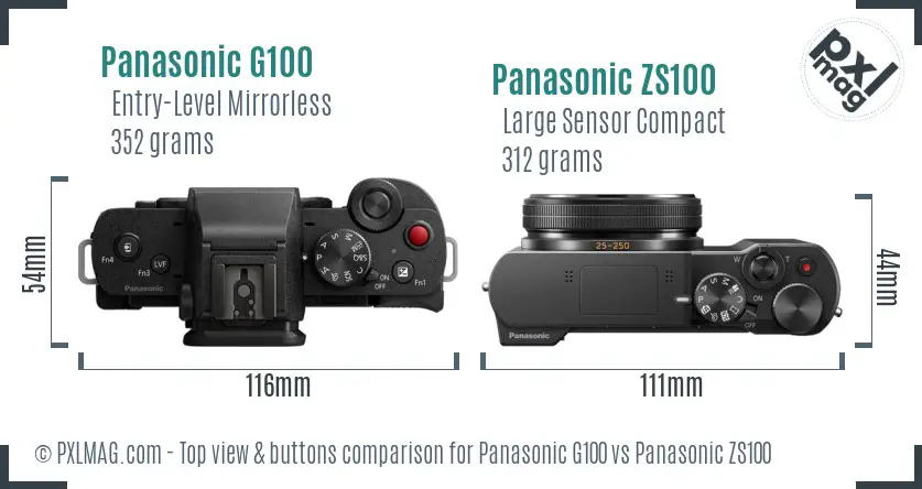 Panasonic G100 vs Panasonic ZS100 top view buttons comparison