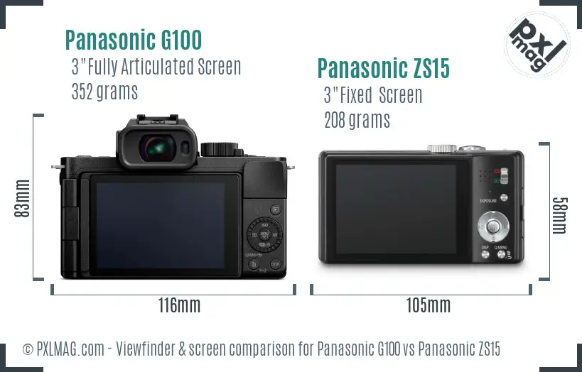 Panasonic G100 vs Panasonic ZS15 Screen and Viewfinder comparison