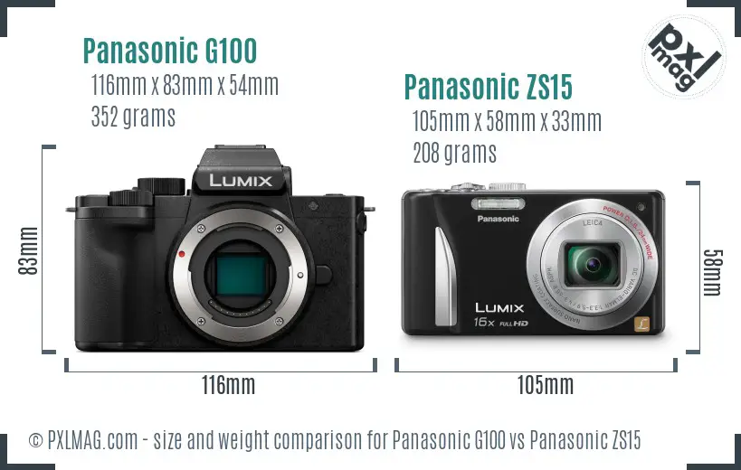 Panasonic G100 vs Panasonic ZS15 size comparison