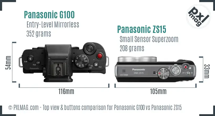 Panasonic G100 vs Panasonic ZS15 top view buttons comparison
