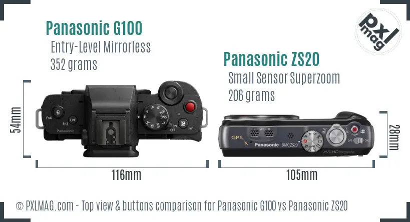Panasonic G100 vs Panasonic ZS20 top view buttons comparison