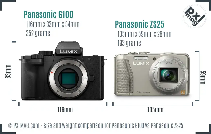 Panasonic G100 vs Panasonic ZS25 size comparison