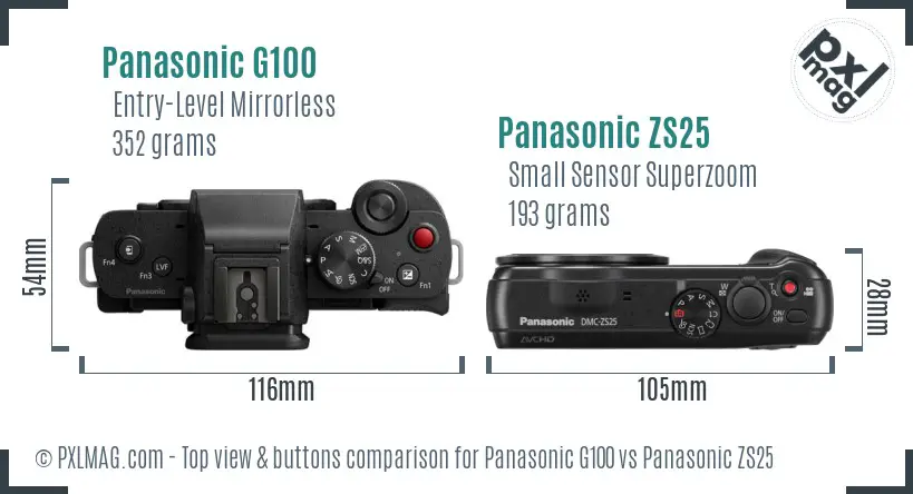Panasonic G100 vs Panasonic ZS25 top view buttons comparison