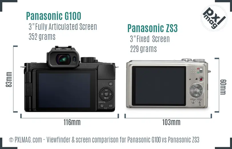 Panasonic G100 vs Panasonic ZS3 Screen and Viewfinder comparison