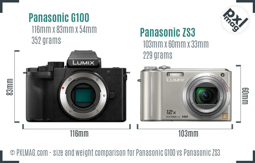 Panasonic G100 vs Panasonic ZS3 size comparison