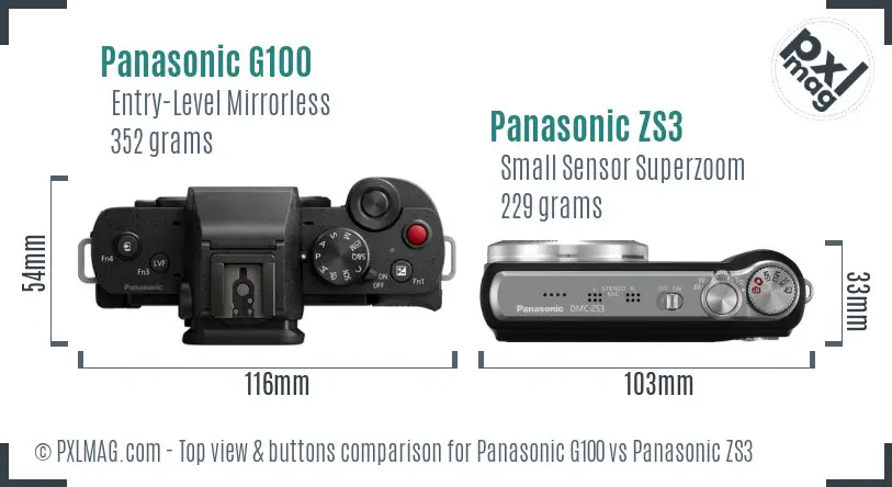 Panasonic G100 vs Panasonic ZS3 top view buttons comparison
