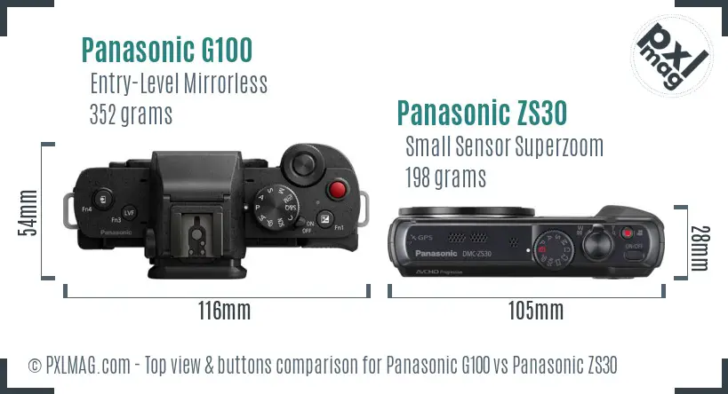 Panasonic G100 vs Panasonic ZS30 top view buttons comparison