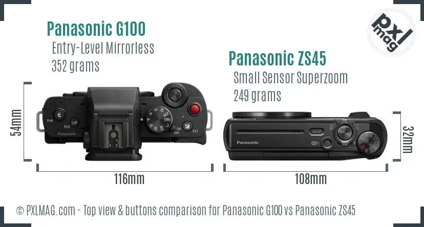 Panasonic G100 vs Panasonic ZS45 top view buttons comparison