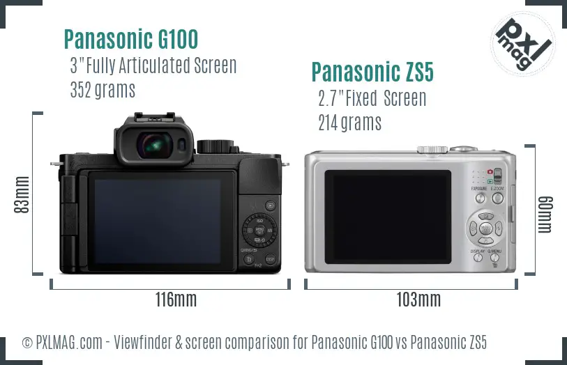 Panasonic G100 vs Panasonic ZS5 Screen and Viewfinder comparison