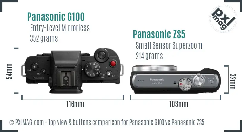 Panasonic G100 vs Panasonic ZS5 top view buttons comparison