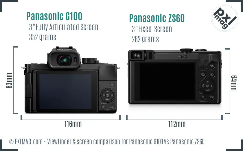 Panasonic G100 vs Panasonic ZS60 Screen and Viewfinder comparison
