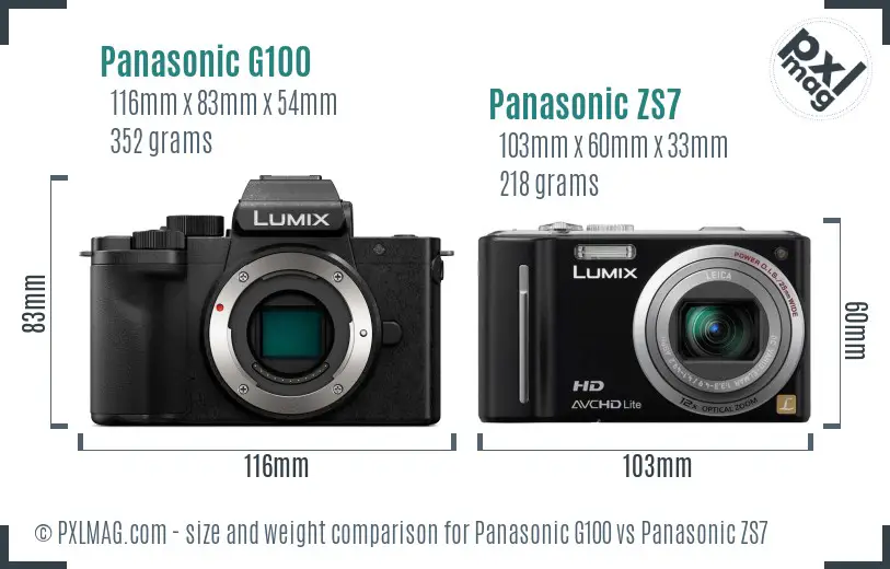 Panasonic G100 vs Panasonic ZS7 size comparison