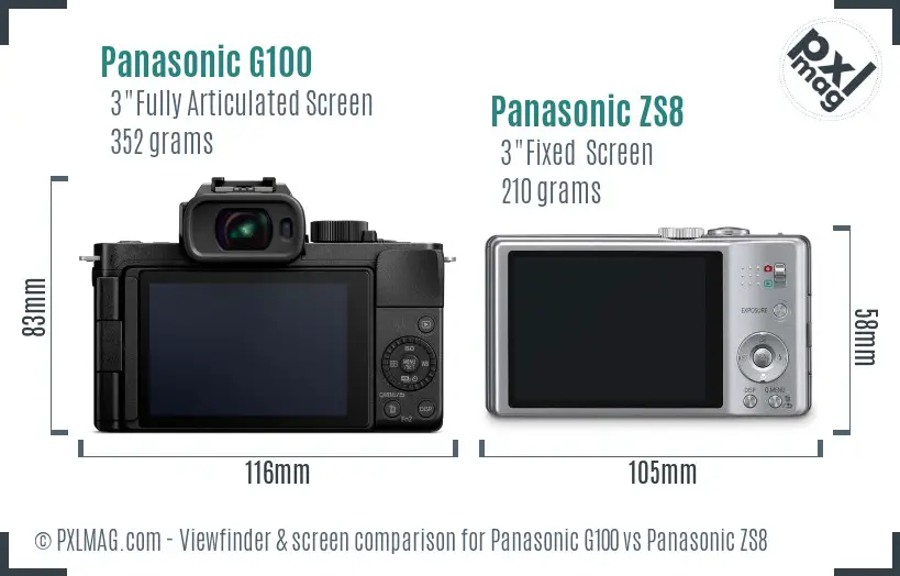 Panasonic G100 vs Panasonic ZS8 Screen and Viewfinder comparison