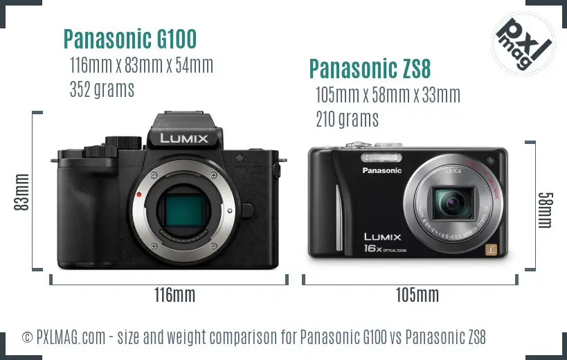 Panasonic G100 vs Panasonic ZS8 size comparison